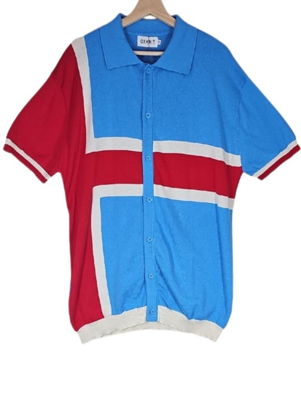 NWT OXKNIT Men's 2XL Colorblock Knit Polo Shirt Blue Red White Retro 60s 70s